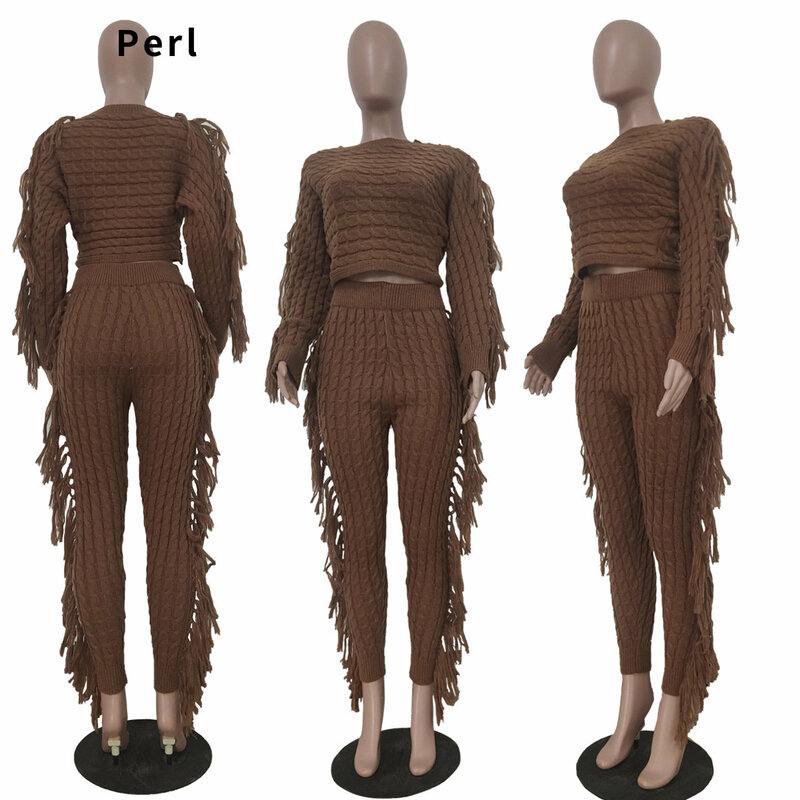 Perl Nữ Hai Mảnh Dệt Kim Tua Rua Áo Len Dài Tay Crop Áo Và Quần Loungewear Bộ Thường Ngày Mùa Thu Trang Phục 2022