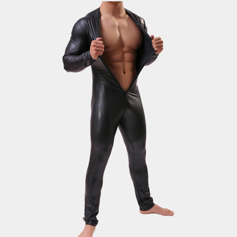 New Sexy Men's Skinny Underwear Zipper Piece Suit Leather Bodybuilding Suit Bodysuits jumpsuit Men Undershirt Gay Club Clothing
