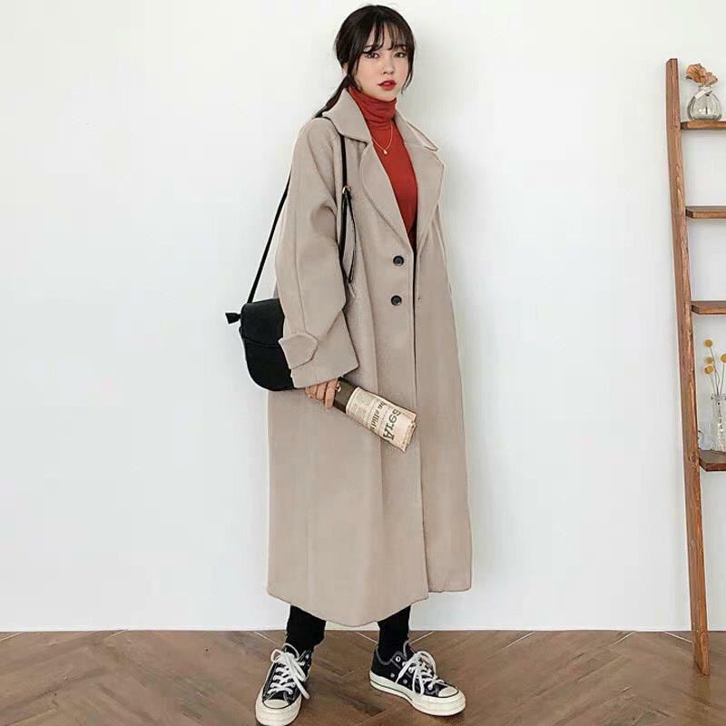새로운 한국 클래식 더블 브레스트 모직 코트 여성용, 슬림한 중간 길이 모직 코트 가을 겨울 외투