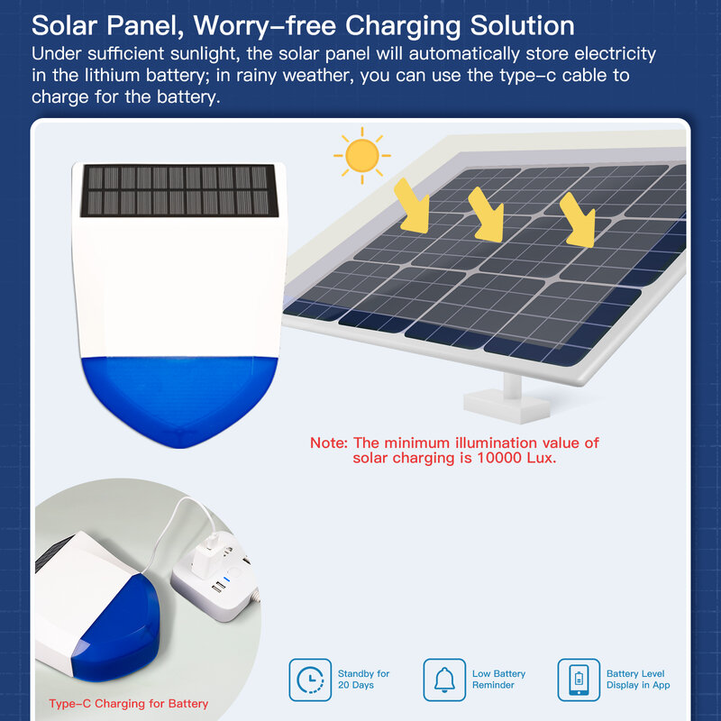 Tuya Smart Wifi Or Zigbee Sound Light Siren Alarm Solar Energy Outdoor IPX5 Waterproof  Tamper Alarm With Rechargeable Battery