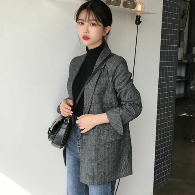 Retro jaket jas Inggris wanita mantel musim gugur musim dingin blazer gaya Korea bergaris kotak-kotak pakaian antik wanita mantel hitam kantor