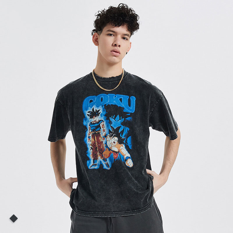 Koszulka z motywem syna Goku Harajuku w stylu Vintage sprana Anime Dragon Ball T-shirty Retro z krótkim rękawem Manga Streetwear topy hip-hopowe koszulki męskie