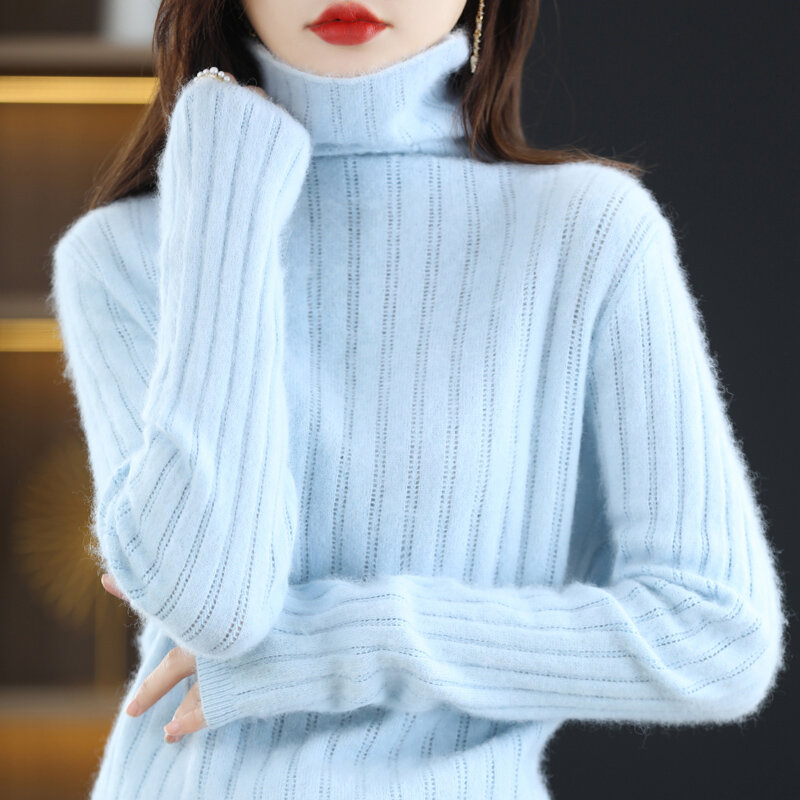 Sweater Rajutan Kerah Tumpukan Leher Wanita Mewah Cerpelai Berongga Atasan Pakaian Dalam Ramping Serbaguna Pakaian Luar Santai Musim Gugur Musim Dingin Baru