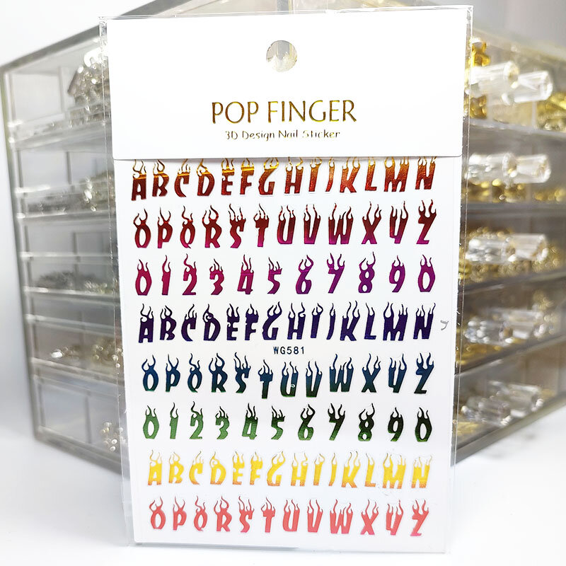 10PCS 3D iridescent Fire Flames Letter Nail Stickers Slider Gold Black DIY Nail Art Transfer Decals For Nails Decoration