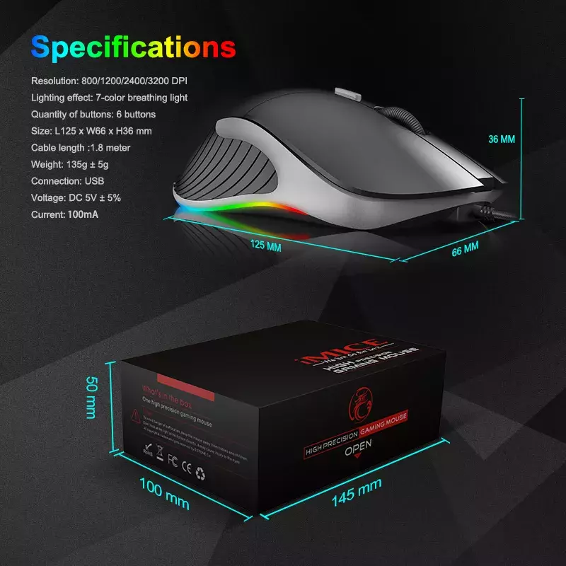 Мышь светодиодный вая Проводная со светодиодной подсветкой, 6400 DPI, USB