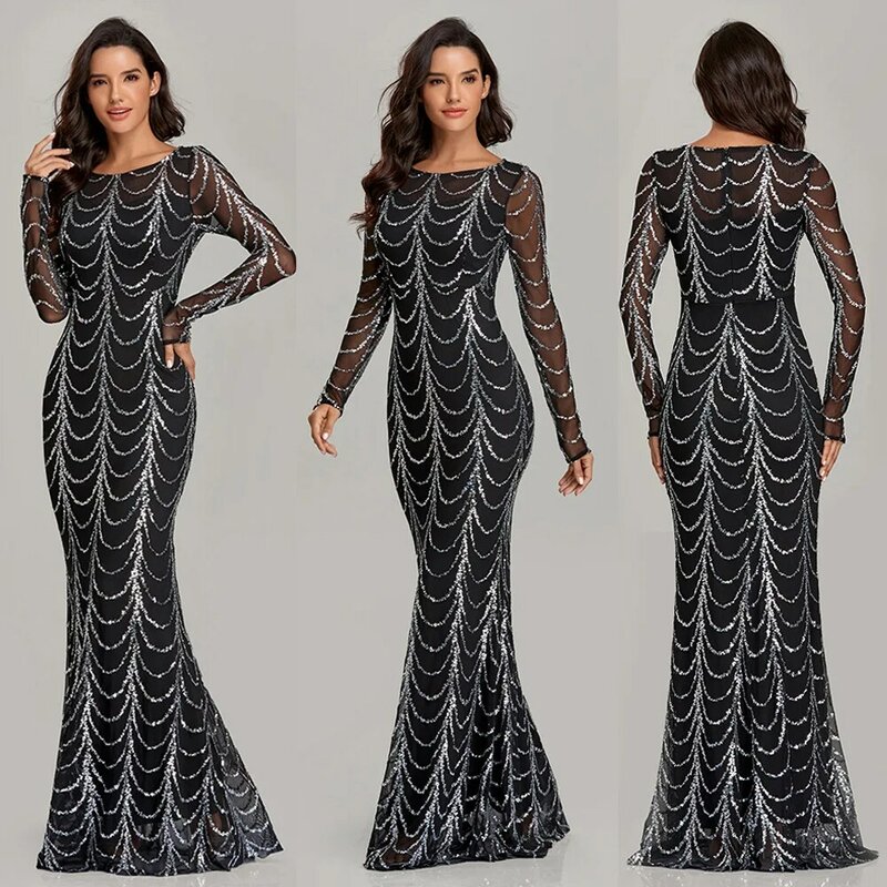 O-Neck Sequins Chic Women Evening Dress with Long Sleeves Elegant Mermaid Party Dress Wholesale Formal Dress