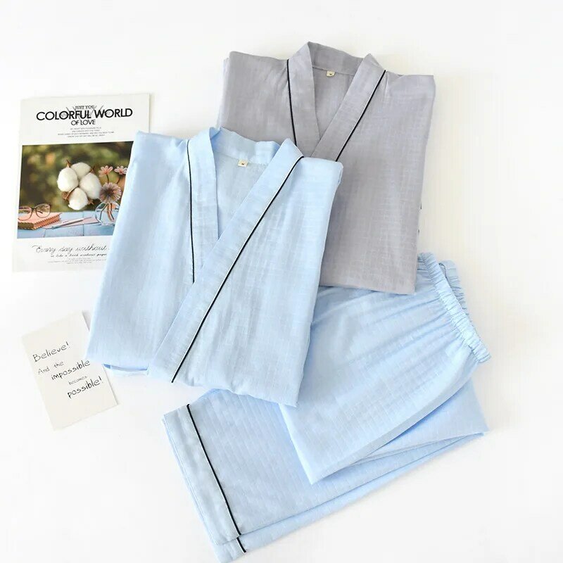 Conjunto de pijama estilo quimono masculino para a primavera e outono algodão cor sólida casa usar casual solto pijamas definir pijamas designer dos homens