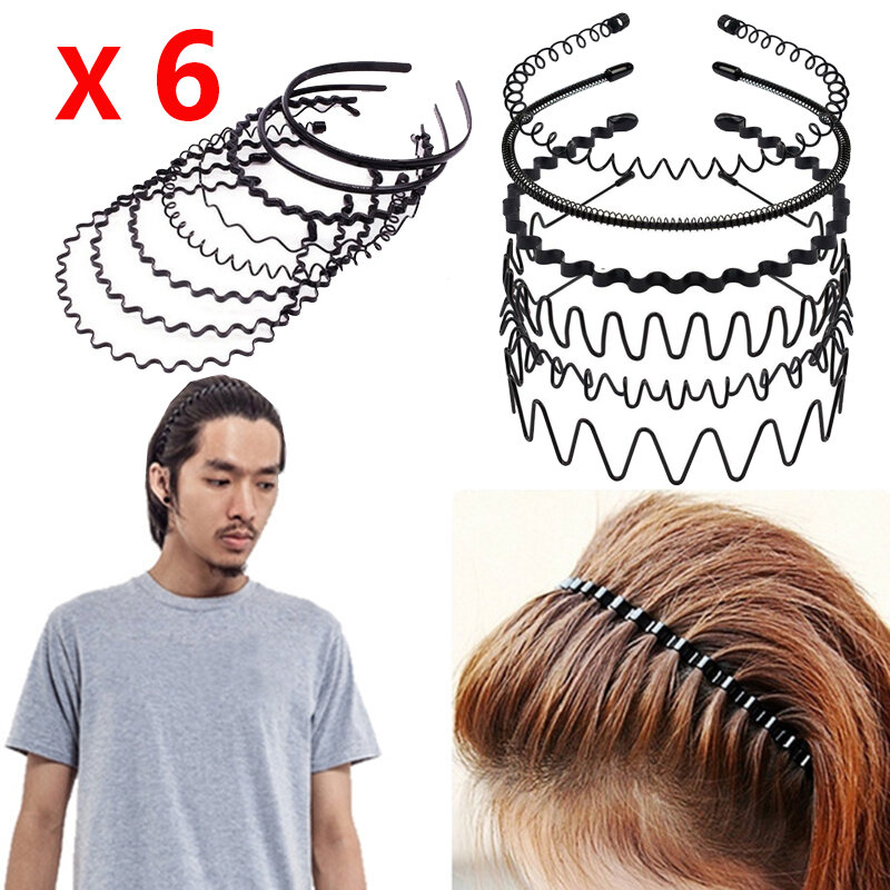 1/6 pçs moda preto metal ondulado estilo esportes hairband cor sólida homens mulheres unisex faixa de cabelo casual adulto headwear para o menino