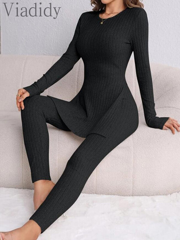 Women Casual Solid Color Long Sleeve Top and High Waist Pencil Pants 2pcs Set