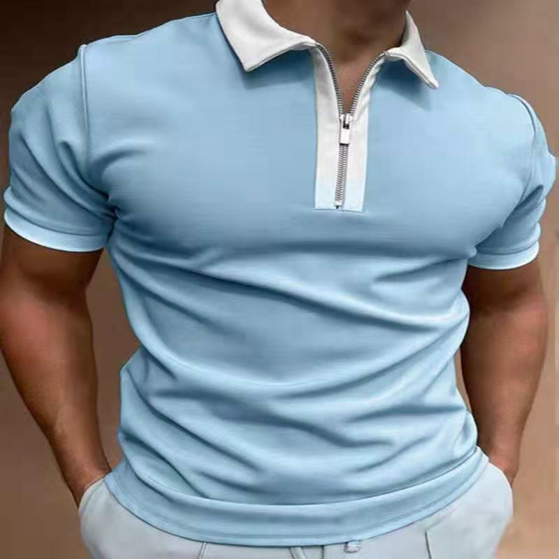 Nova camisa polo masculina xadrez verão casual moda manga curta anti-encolhimento polos turn-down colarinho zíper design argyle topos
