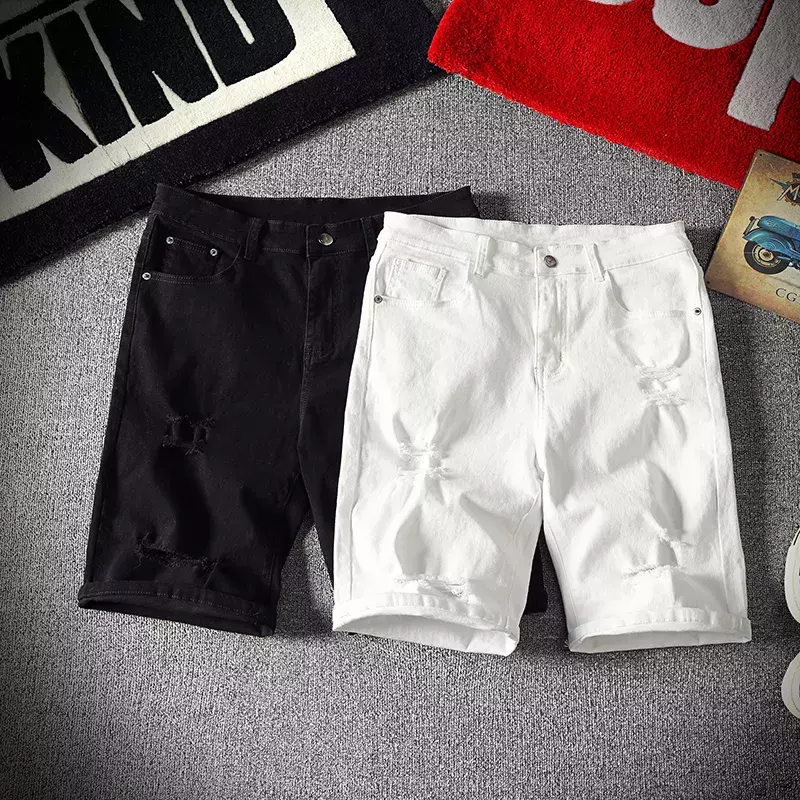 Pantalones cortos de mezclilla blancos para hombre, pantalones cortos informales con agujeros, elásticos, de algodón, ajustados, elásticos, hasta la rodilla, de verano
