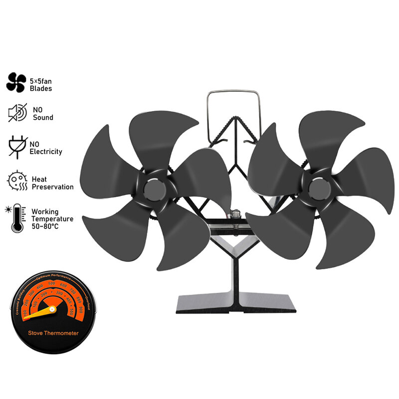 Double Head 10 Blade Fireplace Fan Heat Powered Stove Fan Eco Friendly Quiet For Heater Tool Home Efficient Heat Distribution