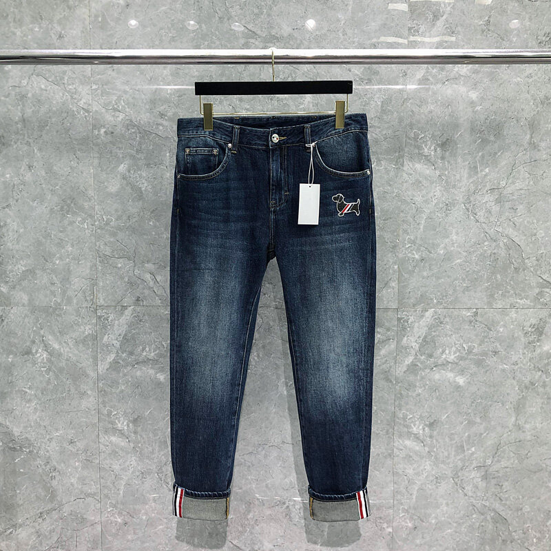 TB THOM Jeans Pria Celana Denim Abu-abu Hitam Pas Badan Merek Desainer Fashion untuk Pria Jeans Pakaian Pria Kasual Jalanan