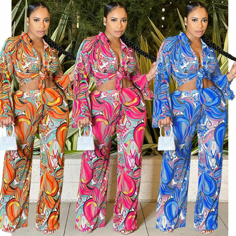 Casaul Elegante 3 Delige Set Been Broek Pak Print Kleurrijke Streetwear Bijpassende Set Herfst Broek Pak Voor Vrouwen Outfit