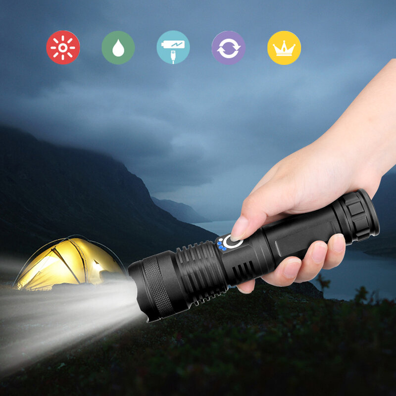 Linterna LED de Ultra alta potencia XHP50, linterna táctica impermeable con zoom, 5 modos de iluminación, para Camping