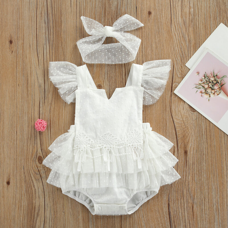 Princess Infant Baby Girls Rompers Headband 2pcs 0-24M Ruffles Sleeve Lace Floral Printed Backless Jumpsuits