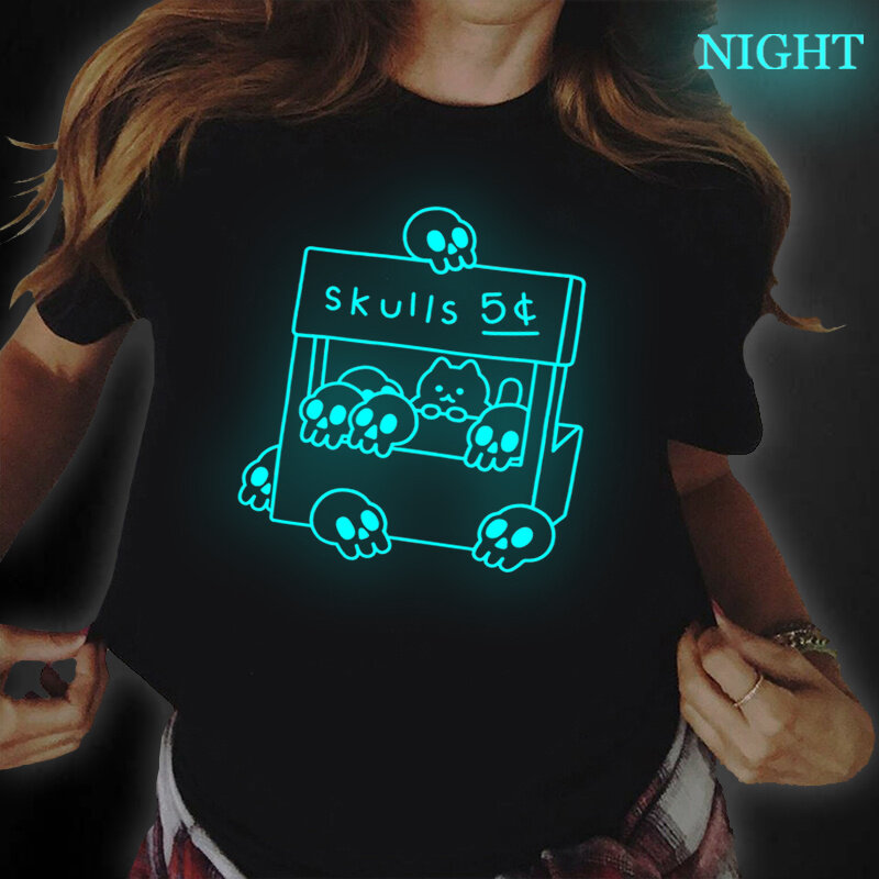 Skull Print Luminous T-shirts Cotton Loose Gothic Short-sleeve T-shirt Men's Shirt Summer Oversized T-shirt Vintage T Shirt