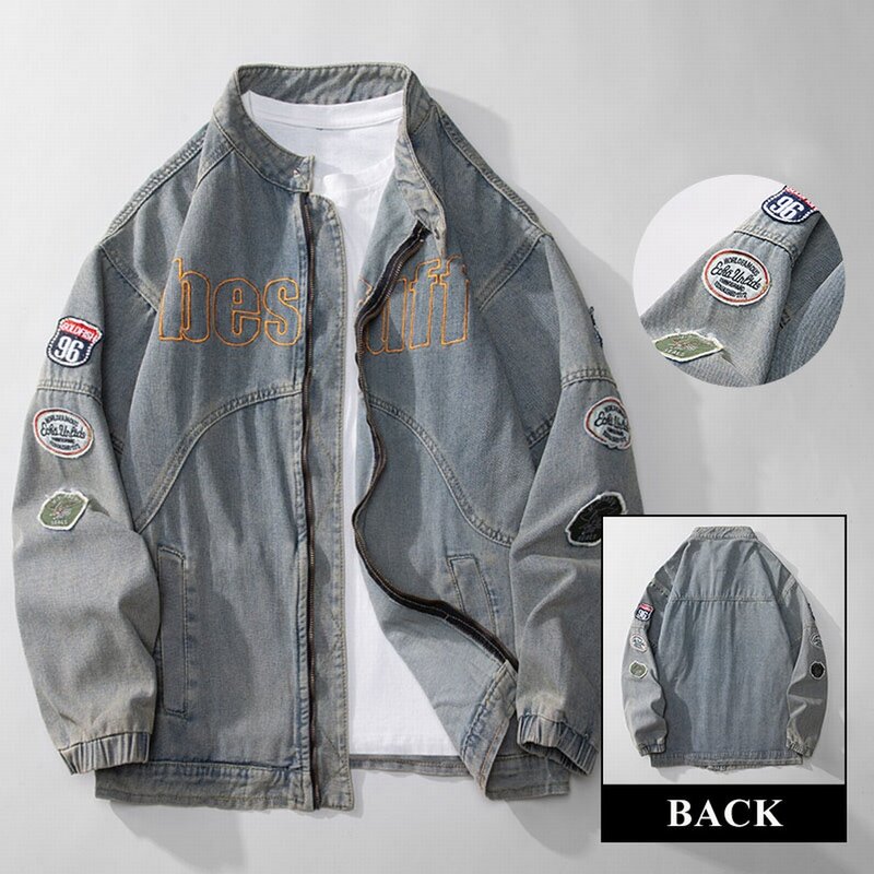Spring Autumn Do Old Embroidery Patches Denim Jackets Zipper Strand Loose Cotton Jaqueta Jeans Chaquetas Hombre Masculina Coats