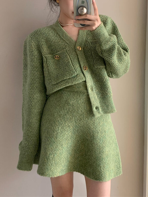2022 Women Outfits Two Pieces Set Knitted Cardigan High Waist Mini Skirt Sets Korean Green Elegant Single Breasted Femme Tops