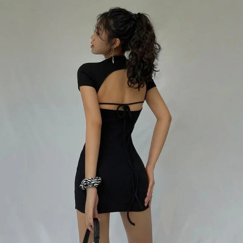 Vestido corto negro con espalda descubierta para mujer, vestido Sexy de licra, Color liso, Espalda descubierta, 2022