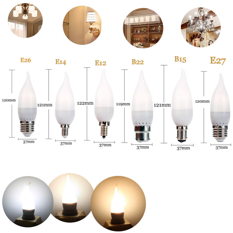 調光可能なLEDキャンドル電球,3W,14 e27 b22 b15,省エネスポットライト,キャンドル電球,装飾ライト,温かみのある/白