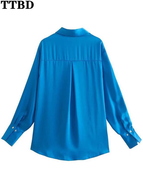 TTBD blusas elegantes de mujer 2021 modne ubranie biurowe luźny, w stylu basic satynowe koszule w stylu vintage długi guzik na rękawie bluzki damskie