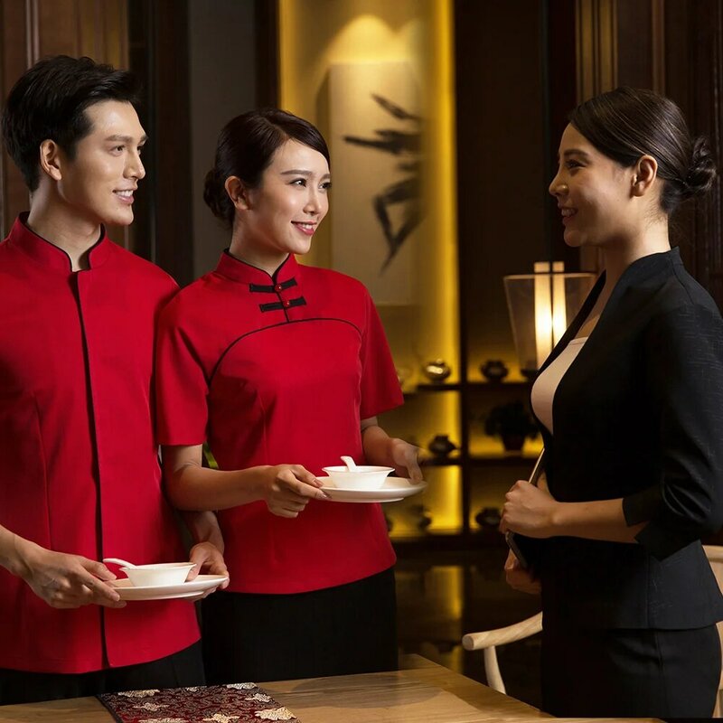 Vêtements de travail d'hôtel de haute qualité pour hommes et femmes, uniformes de serveur rétro gris de Restaurant, chemise chinoise
