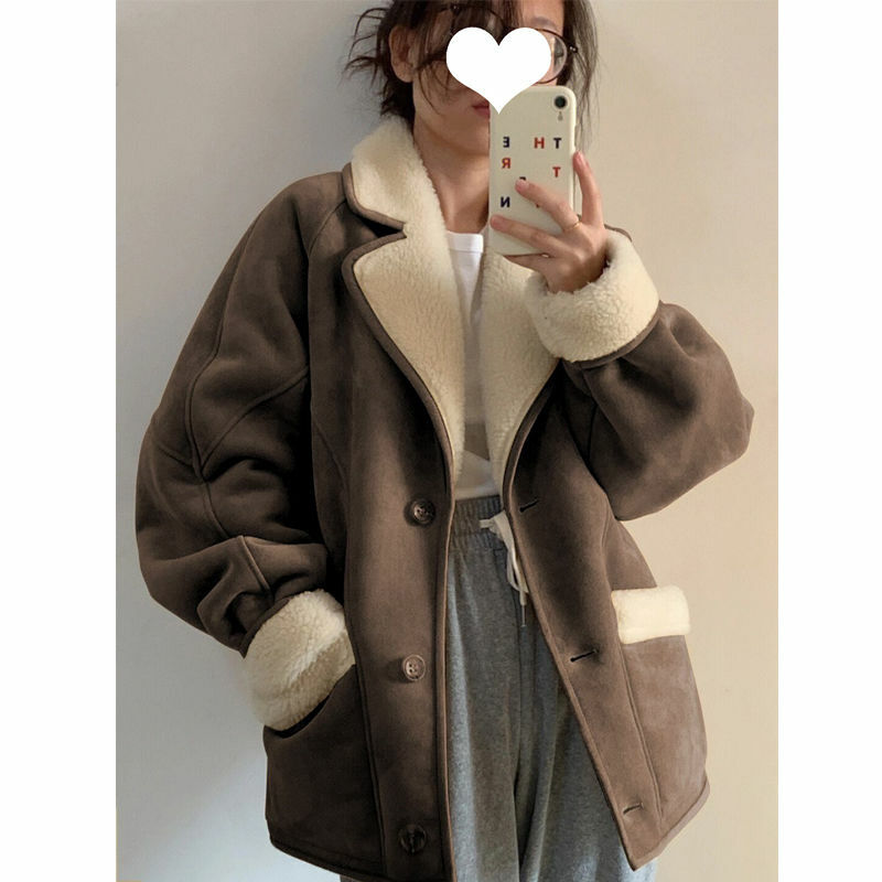Castanho claro cabelo cordeiro mulheres jaqueta casaco estilo Coreano outono e inverno do vintage camurça engrossado algodão acolchoado mulheres jaqueta