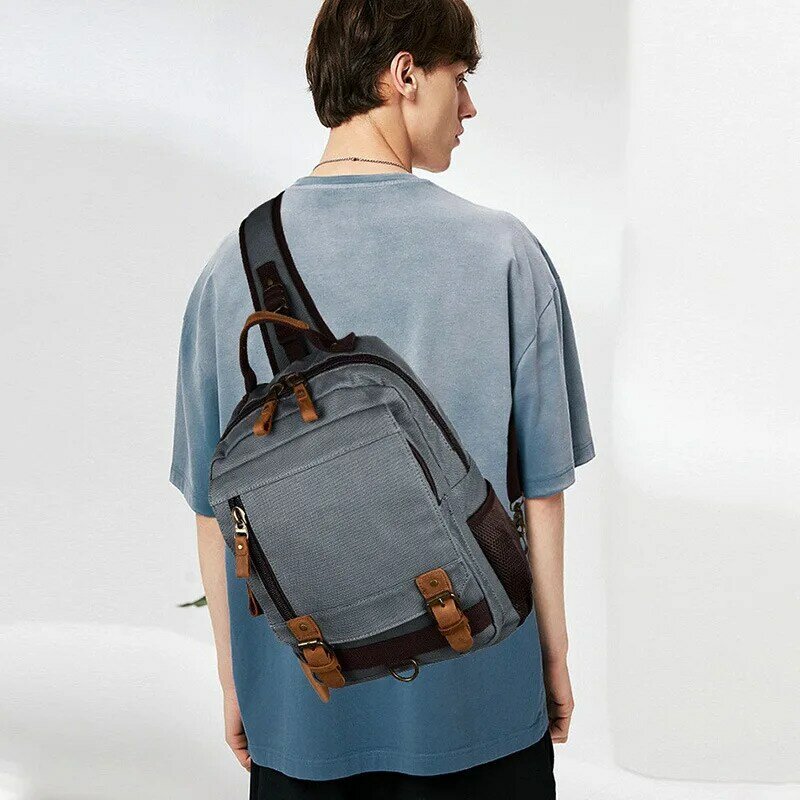 Men Canvas Multifunctional Shoulder Bag Travel Waterproof Sling Chest Bag Fashion Messenger Crossbody Pack for Male Female Women