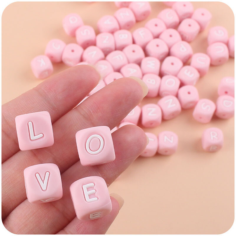10 pçs 12mm contas de silicone letras rosa personalizado chupeta corrente com nome alfabeto inglês diy bebê acalmar mordedores mamilo brinquedo