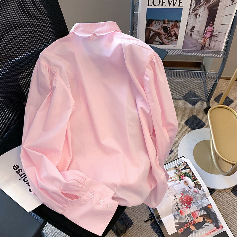 女性用長袖Tシャツ,ピンク,刺繍入りフラワー,ボタン,スプライス,フランスのファッション,カワイイ服,2022