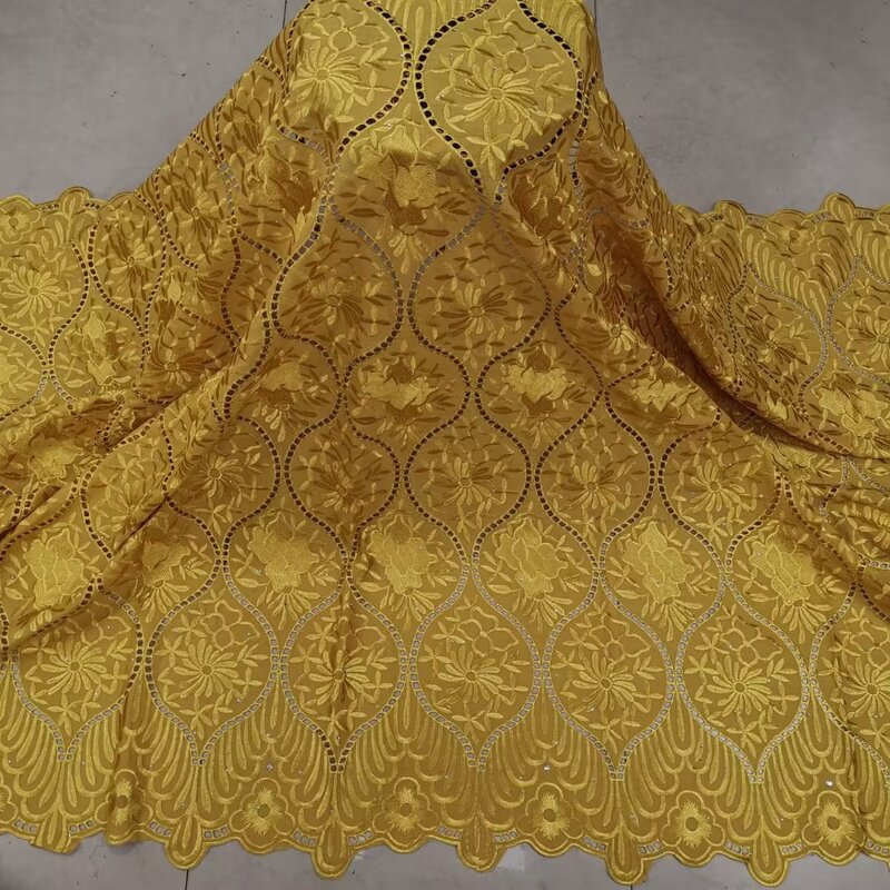 Tela de encaje africano, Material de lentejuelas, malla de Color amarillo, Material de algodón 100, gasa suiza de Dubai, suave para coser vestido de novia