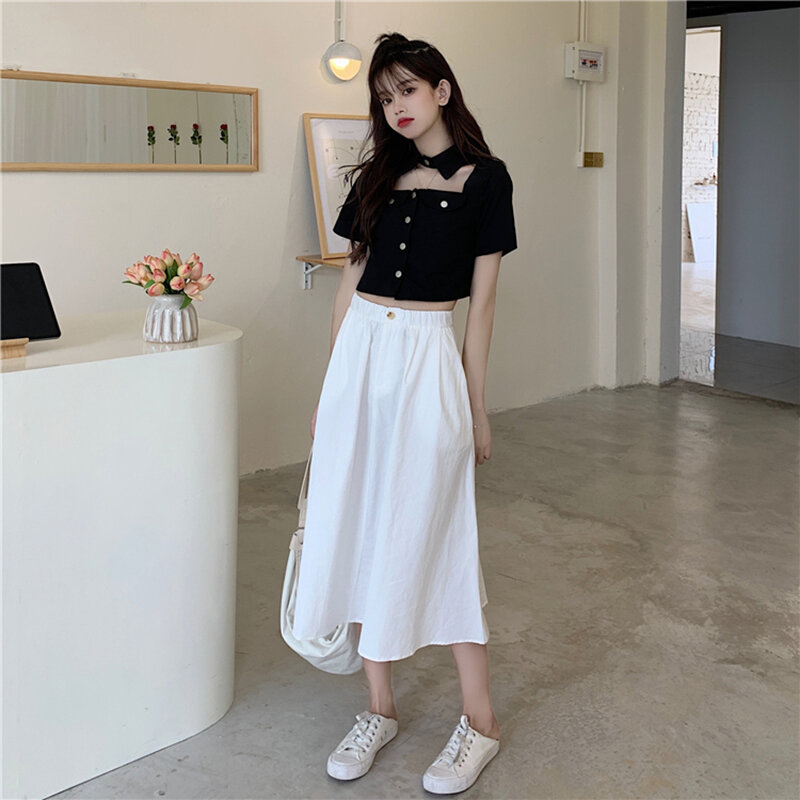 2022 New Design Black Shirt Women Korean Summer Button Down Short Sleeve Blouse Fashion Cropped Tops Female
