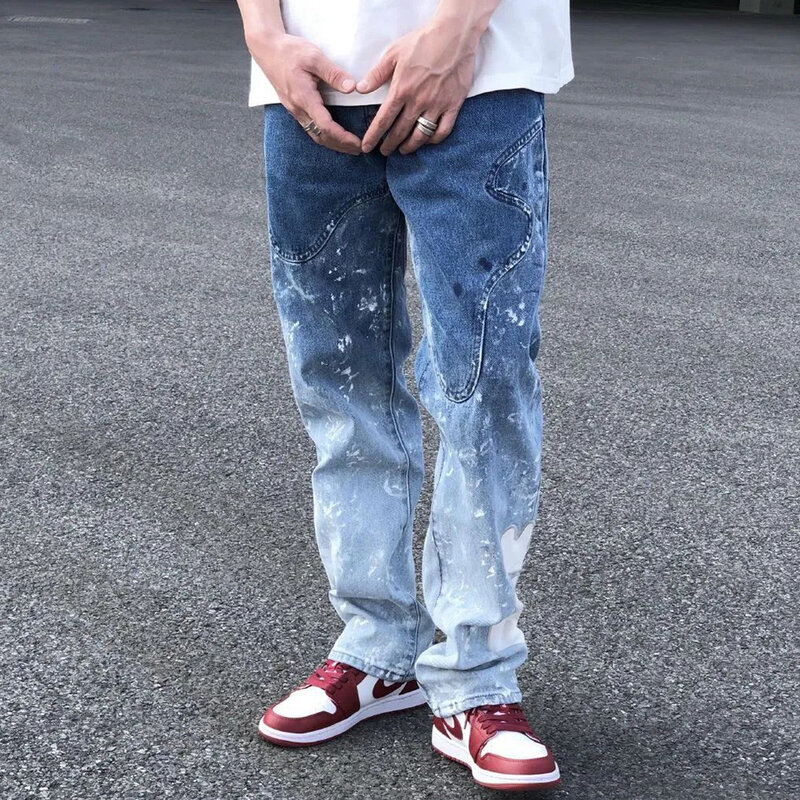 American Street Gradient สาดหมึก Graffiti กางเกงยีนส์ผู้ชายยี่ห้อขาตรงเก่าล้าง Retro Casual กางเกงกางเกง