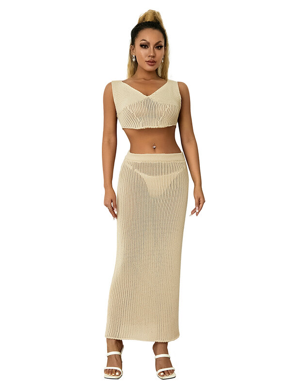 Women Crochet Knitted Skirts Set Outfits Sleeveless V-neck Vest with Hollowed Long Skirt Beach Cover Up