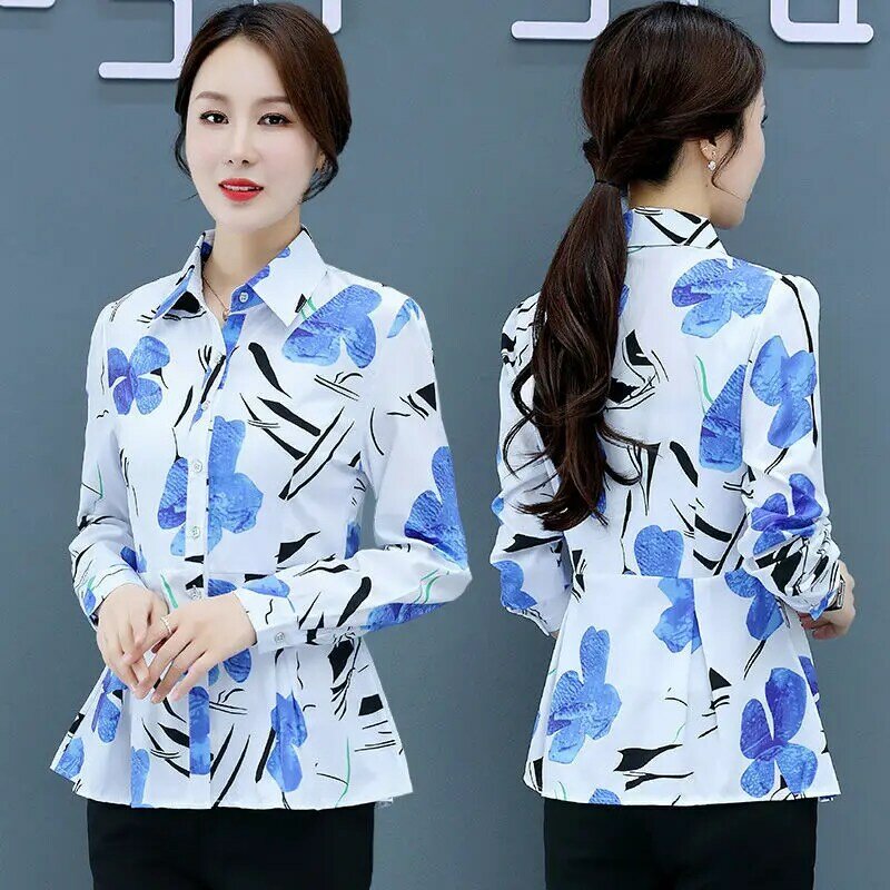 가을 한국 패션 쉬폰 여성 셔츠 사무실 레이디 버튼 업 셔츠 블루 여성 긴 소매 블라우스 Camisas Mujer