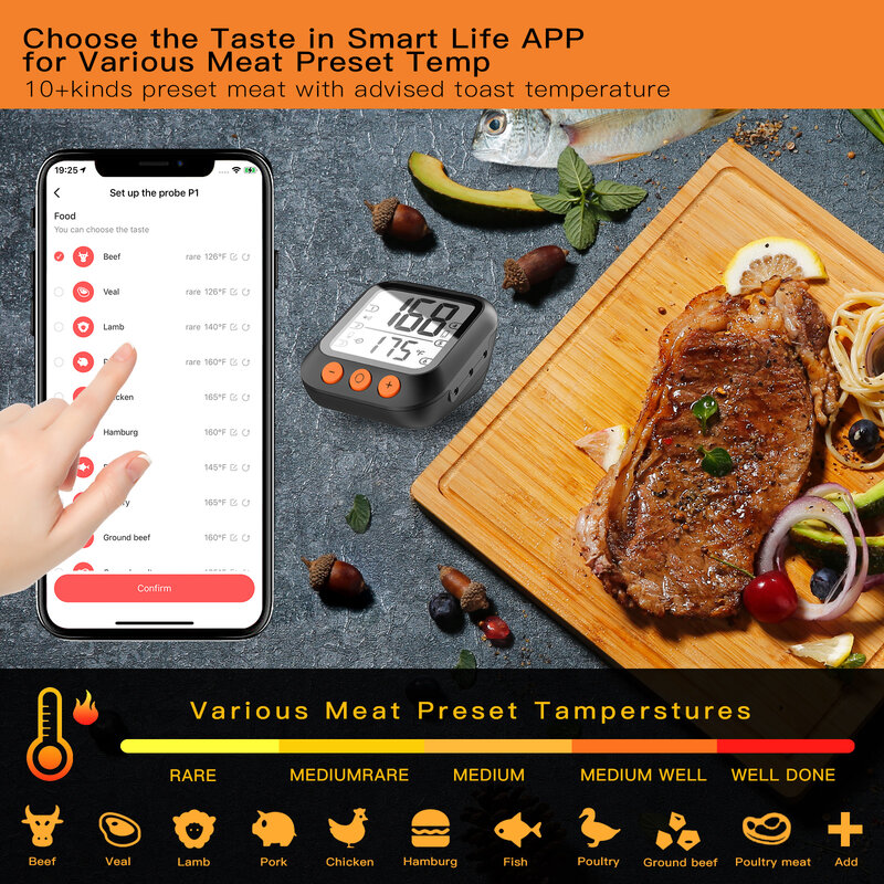 MOES Food Thermometer,Bluetooth Smart BBQ Thermometer,Food Grade Probe for BBQ,Oven,Baking and Cooking,Timer and Tuya SmartAlarm