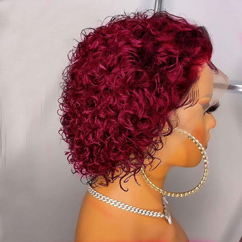 Rambut Palsu Potongan Pixie Wig Rambut Manusia Keriting Bob Pendek Wig Depan Renda Dalam Air Warna Merah Anggur 99J Renda Transparan 13X1 Murah untuk Wanita