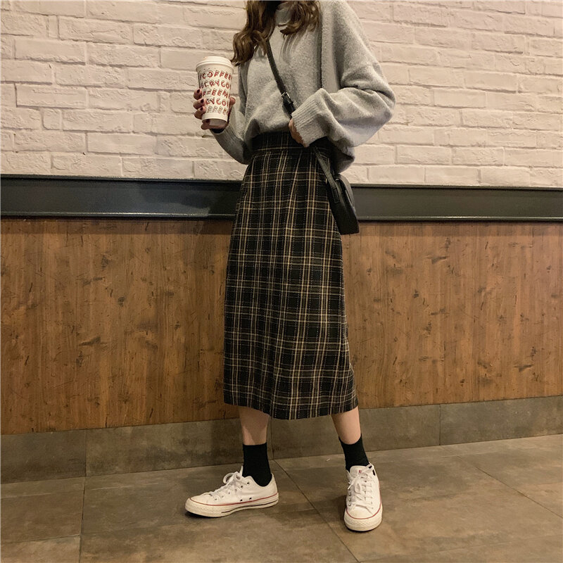 Gonna lunga longuette femminile Vintage con stampa scozzese elastica Streetwear donna vita alta gonne di lana coreane sottili divise marrone scuro
