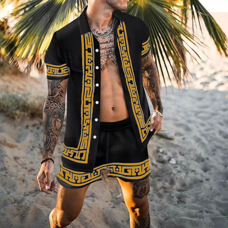 الرجال مجموعات طباعة المرقعة التلبيب كم قصير القميص عادية شورتات للبحر 2022 الصيف الشارع الشهير عطلة هاواي ملابس الرجال S-3XL