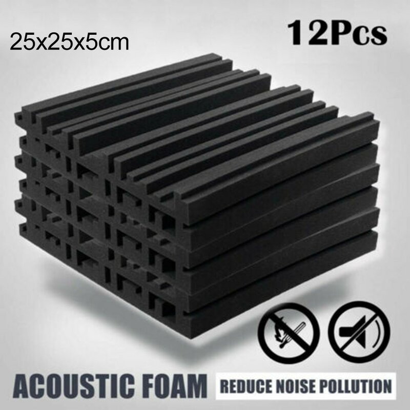 12pcs Acoustic Foam Panels Soundproofing Insulation Studio Sound Absorbtion Panel High Density Flame Retardant Black 25x25x5cm