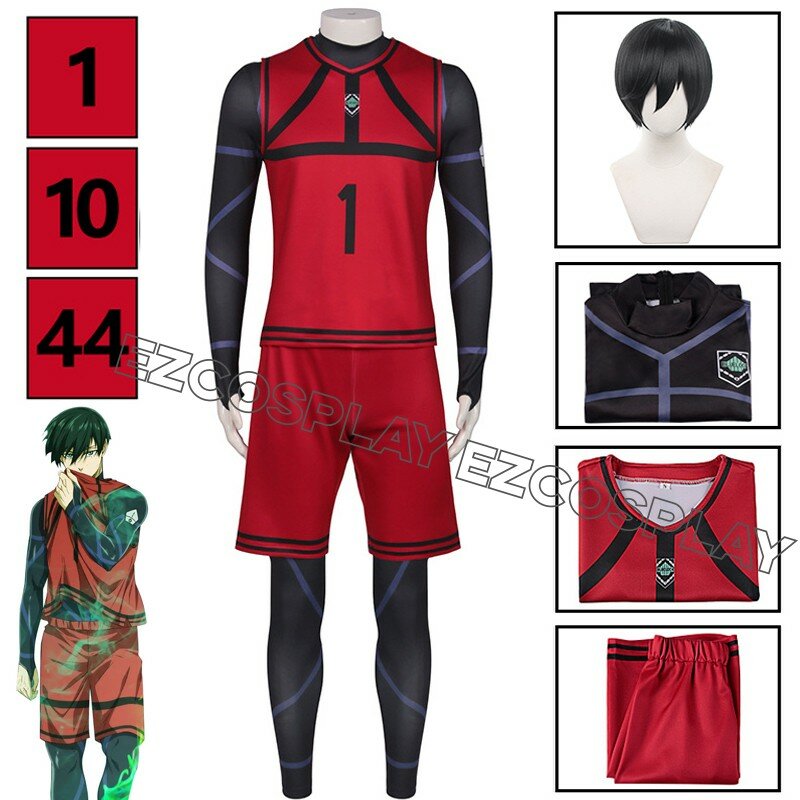 Disfraz de Itoshirin Reo Mikage Chigiri Hyoma para hombre y mujer, traje de Cosplay con peluca número 1, Jersey de fútbol rojo, ropa deportiva