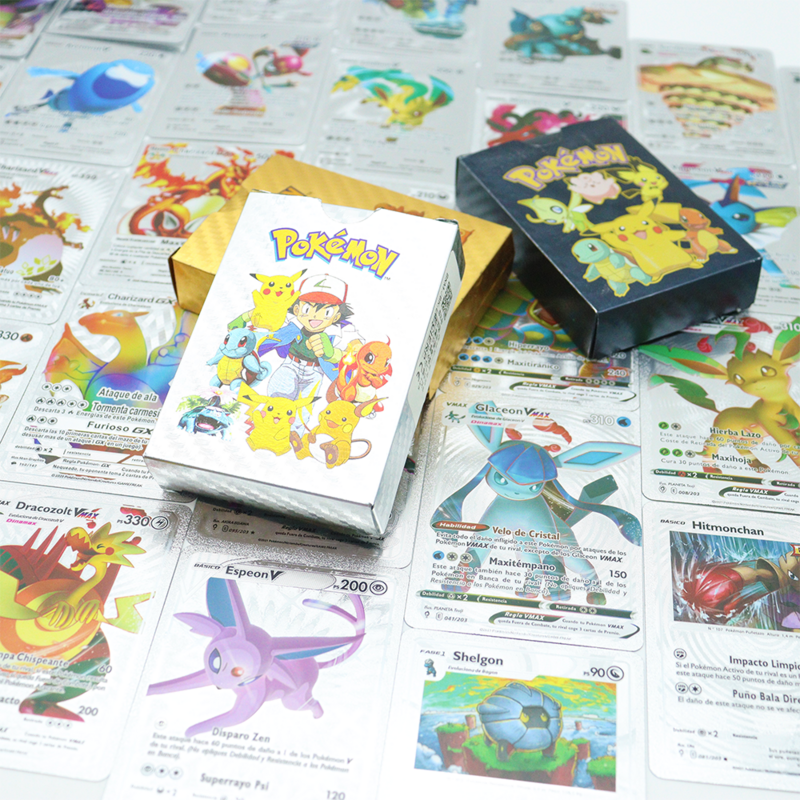 TAKARA TOMY 27-55 sztuk Pokemon złota Sliver karty Box hiszpański angielski Pikachu Charizard Vmax prezent świąteczny hobby kolekcja