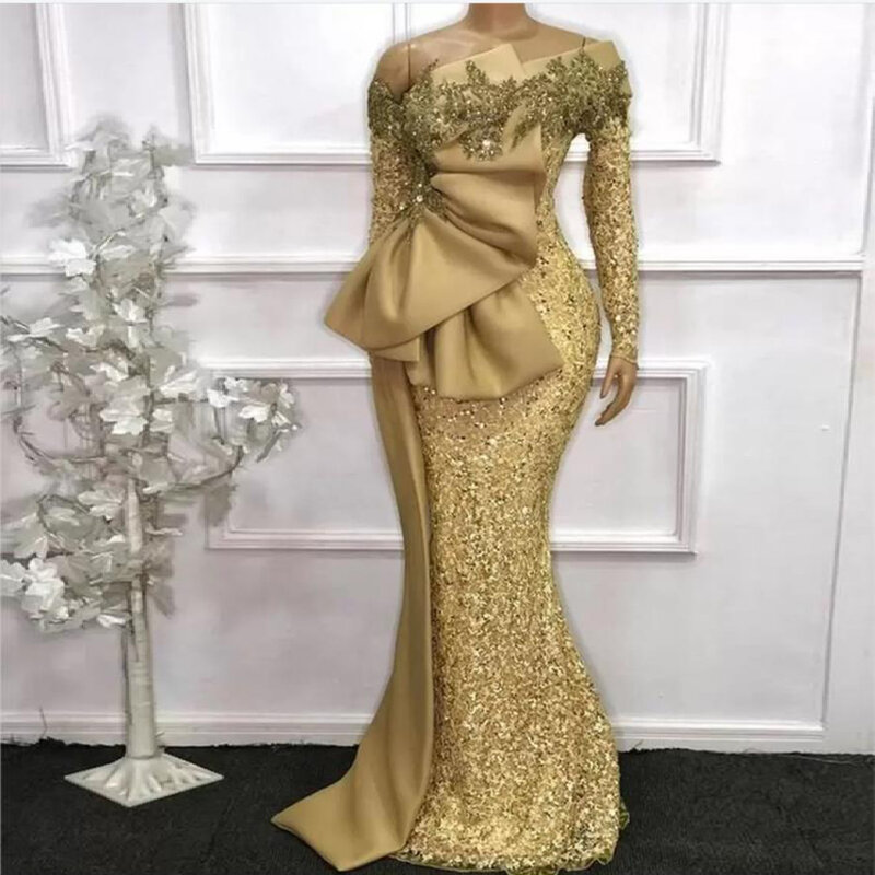 Sexy Lace Mermaid Evening Dresses Women's Glitter Bling Gold Sequins Long Sleeves Crystal Beaded Women Prom Party Gowns HC04
