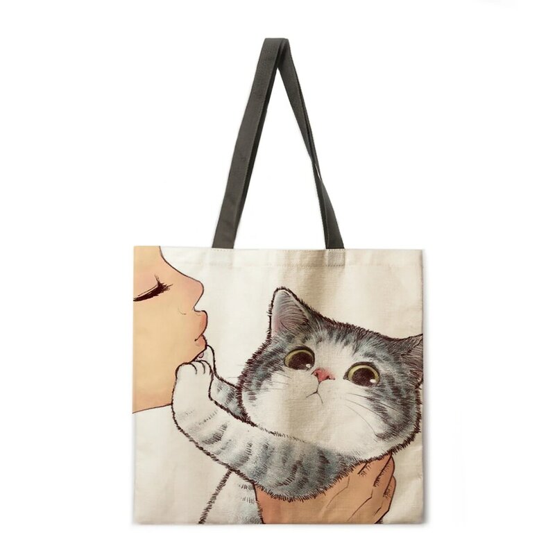 Kiss cat-Bolso de mano con estampado de gato para mujer, bandolera informal, bolso de compras plegable, bolso de playa