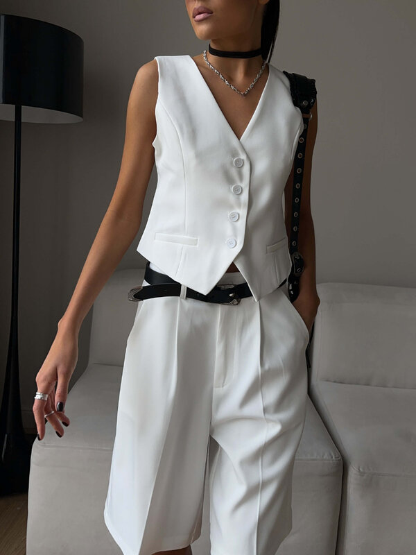 Suninbox-chique conjunto de duas peças para mulheres, colete e camisa, vestido de escritório, verão, 2023