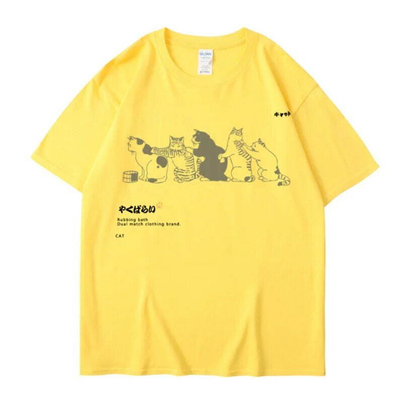 T-shirt engraçada masculina de gato, streetwear hip hop, kanji japonês, harajuku, tops de manga curta, camisetas, estampa de algodão, verão, novo