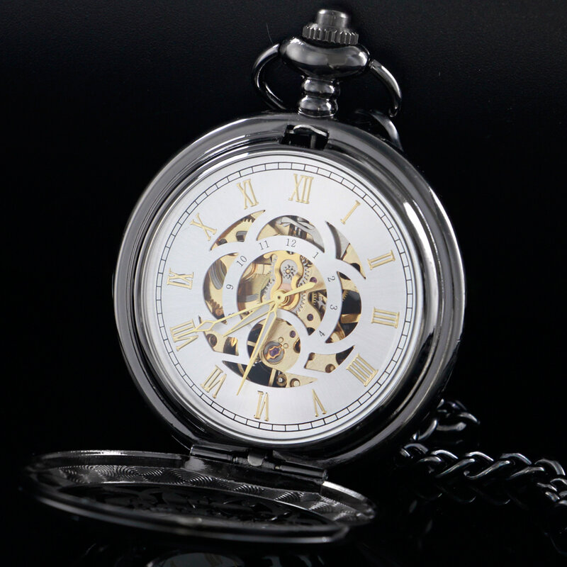 All Hunter Antique Black Mechanical Pocket Watch for Men Hand Wind Casual Business Fob Chain Watches