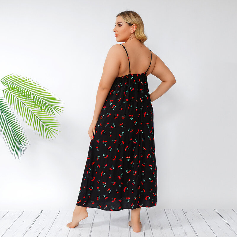 Plus Size Grote Thuis Nachthemd Zomer Sexy Jarretel V-hals Backless Print Losse Mouwloze Jurk