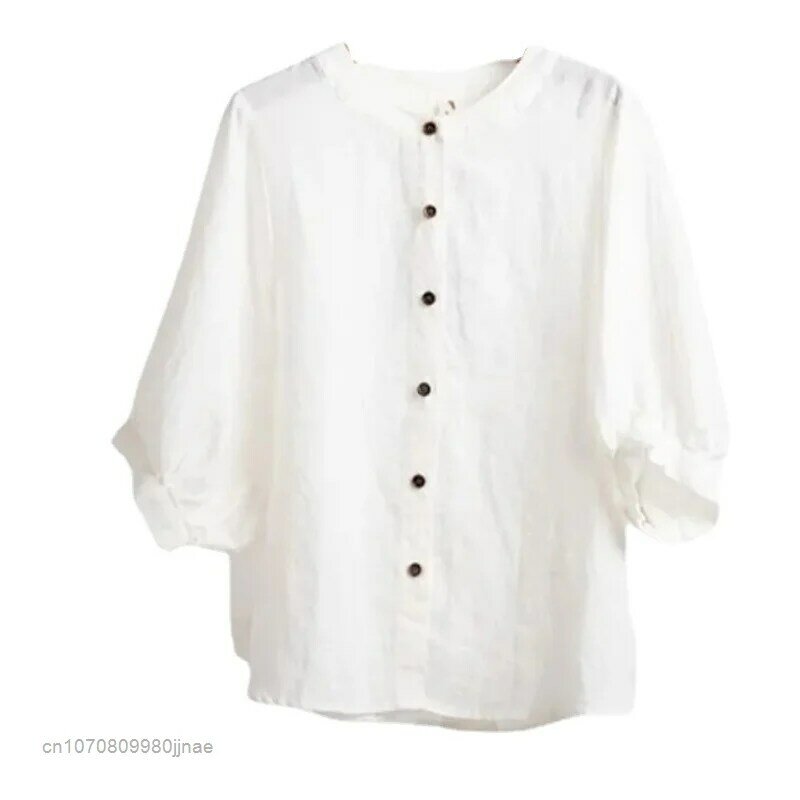 Chemise d'été en coton et lin pour femmes, haut à manches littéraire, ample, fin, à manches moyennes, grande chemise, vêtements à la mode, boutons, 2022
